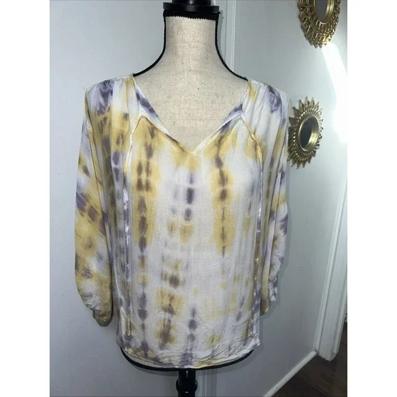 Young Fabulous And Broke ‎ Womens XS Yellow Purple Tie Dye Blouse Oversized Boho - Picture 2 of 8